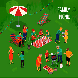 绿色食物背景图片_与孩子和成人的家庭野餐，烧烤设