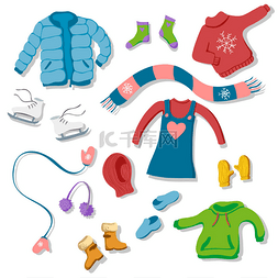 冬季服装卡通图片_一套冬季服装插图的平面风格