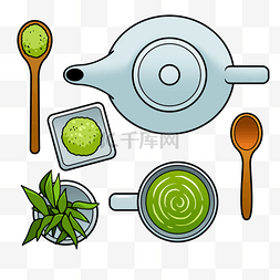 茶叶茶壶茶具图片_抹茶制作茶具插画风格蓝色
