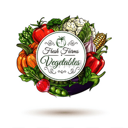 花椰菜海报图片_新鲜农场蔬菜圆形徽章，周围环绕