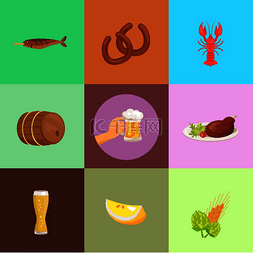 啤酒和小龙虾图片_一组食物，包括鱼、烤香肠、红龙