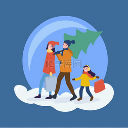 冬天购物图片_为圣诞节做准备男子携带松树矢量