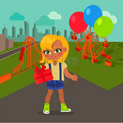 公积金背景图图片_带着气球和礼物盒的年轻女孩在有