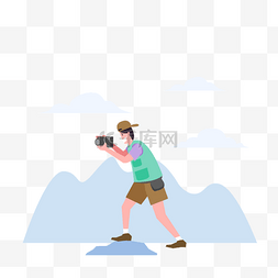 拍照男人图片_山顶上戴帽子的摄影师相机拍照插