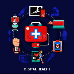 医疗健康创意海报图片_数字医疗保健符号扁平圆圈组合与