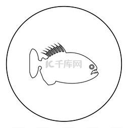 食人鱼愤怒的鱼图标在圆形轮廓黑