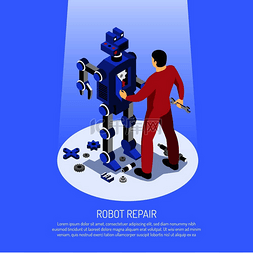 人类和机器人图片_蓝色背景等距矢量图解机器人维修