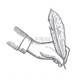 笔式雕刻刀图片_复古羽毛在用笔的雕刻风格的手绘