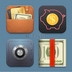 存钱罐钱图片_钱、钱包、保险箱和存钱罐图标。