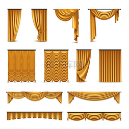 金黄色的窗帘窗帘现实图标集合 