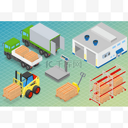 加载中插画图片_加载或卸载仓库中的一辆卡车。叉