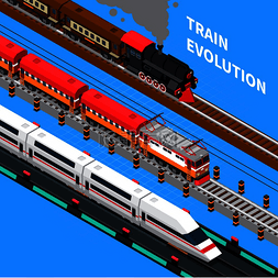 公路背景图图片_火车从复古到未来等距组合的铁路