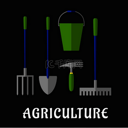 农业和园艺工具图标，带有铲子、