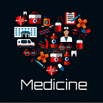 用于医疗保健概念或医疗服务设计的健康心脏符号，带有医生、医院和救护车、血袋、心脏、药丸、牙齿和 DNA、注射器、急救箱和显微镜、眼镜、膏药和医学测试剪贴板的平面图标。