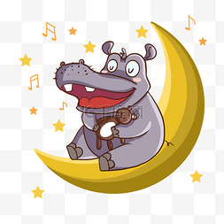 河马小动物图片_月亮上的河马儿童童话风格插画