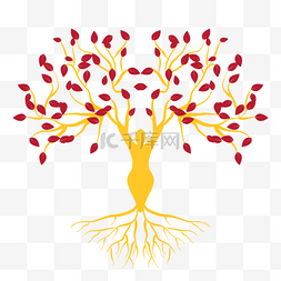 红色树叶金黄根系瑜伽人物和树