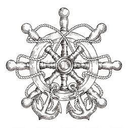 锚徽章图片_木制航海舵的草图用绳子和锚缠绕