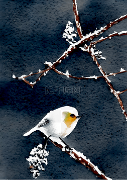 大雪枯树枝图片_冬季的小鸟