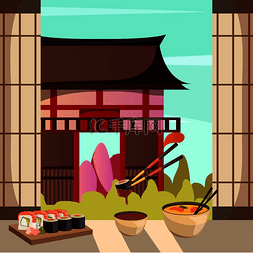 日本料理与传统历史建筑背景正交