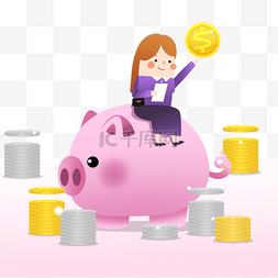 矢量小猪存钱罐图片_金币女商人存钱罐卡通风格