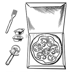 素描蒜图片_快餐意大利比萨饼，纸板盒和酱汁
