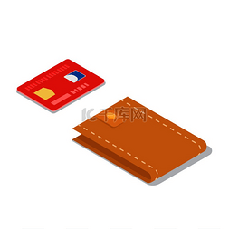 棕色皮革背景图片_红色信用卡和棕色皮革钱包等距投