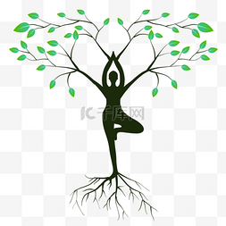 树抽象图片_黑色人物剪影绿色叶子瑜伽人物和