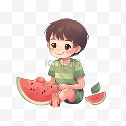 儿童大暑图片_卡通夏日吃西瓜儿童
