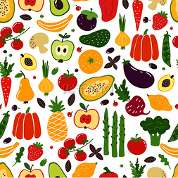 扁平蔬菜无缝图案手绘彩色水果有