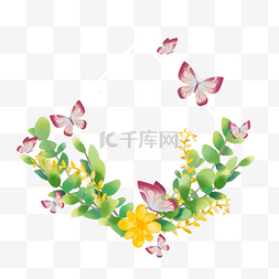 水彩树叶蝴蝶飘散花朵边框