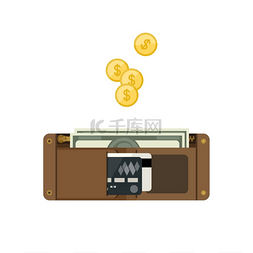 现金钱包卡图片_钱包打开钱，平面样式的信用卡。