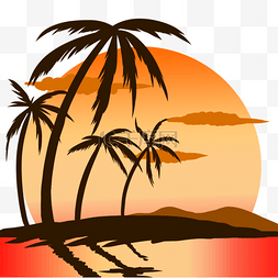 暖色调背景沙滩棕榈剪影印花