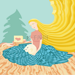 蓝色头发美女图片_年轻的女孩坐在地上，礼物猫的插
