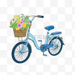 水彩花簇图片_蓝色自行车鲜艳花簇