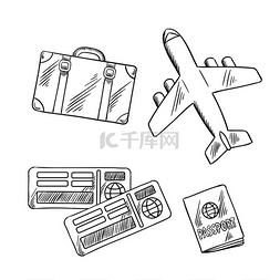 机票票图标图片_航空旅行或假期旅行素描图标与飞