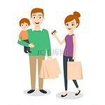 矢量图的家庭: 妈妈、 爸爸和儿子。购物袋。用信用卡购物的家庭.