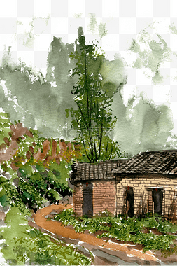 村庄水墨画图片_山坡上的房子