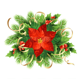 圣诞红色花环图片_红色一品红花朵圣诞插图一品红花