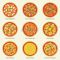 菜单图标图片_一套不同配料的比萨饼。