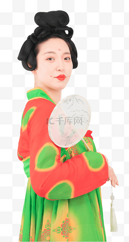 妃子美女图片_唐装侍女手拿团扇