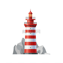 威海灯塔图片_海洋灯塔矢量图标的海洋灯塔与岩