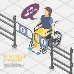 坐轮椅的女人图片_残疾人困难等轴测背景构图坐轮椅
