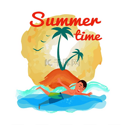 夏季海报设计与人在蓝色海水中游