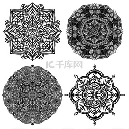 四个模板图片_四个黑白花卉民族曼陀罗的集合，