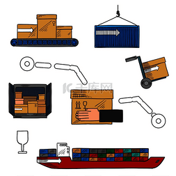 送货包裹图片_航运和快递图标，带有集装箱船、