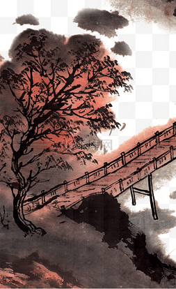 山林水墨画图片_山中的桥