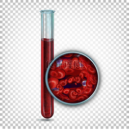 实验室玻璃试管与血液。在显微镜