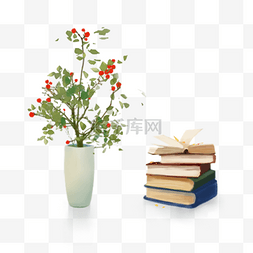打开的书本psd图片_植物盆栽花瓶书籍打开的书本