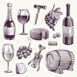 素描葡萄酒酒瓶和酒杯葡萄和奶酪