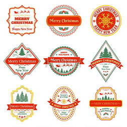 圣诞节邮票图片_圣诞标签带有驯鹿冷杉树和雪花矢